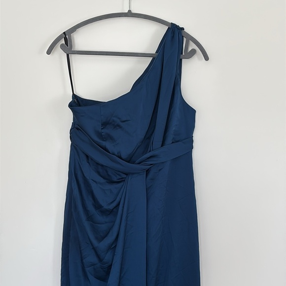 NWT Dessy Collection ONE-SHOULDER DRAPED EMPIRE WAIST TRUMPET Blue Formal Dress - Picture 3 of 7